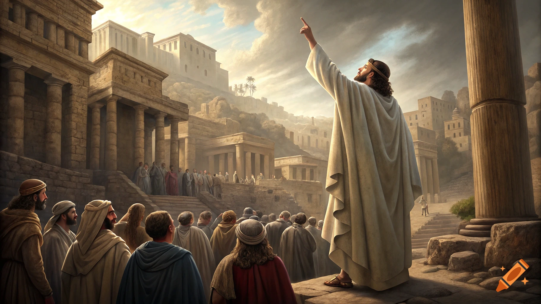 Jesus speaks to a crowd in an ancient city, pointing to the sky. Cinematic style.