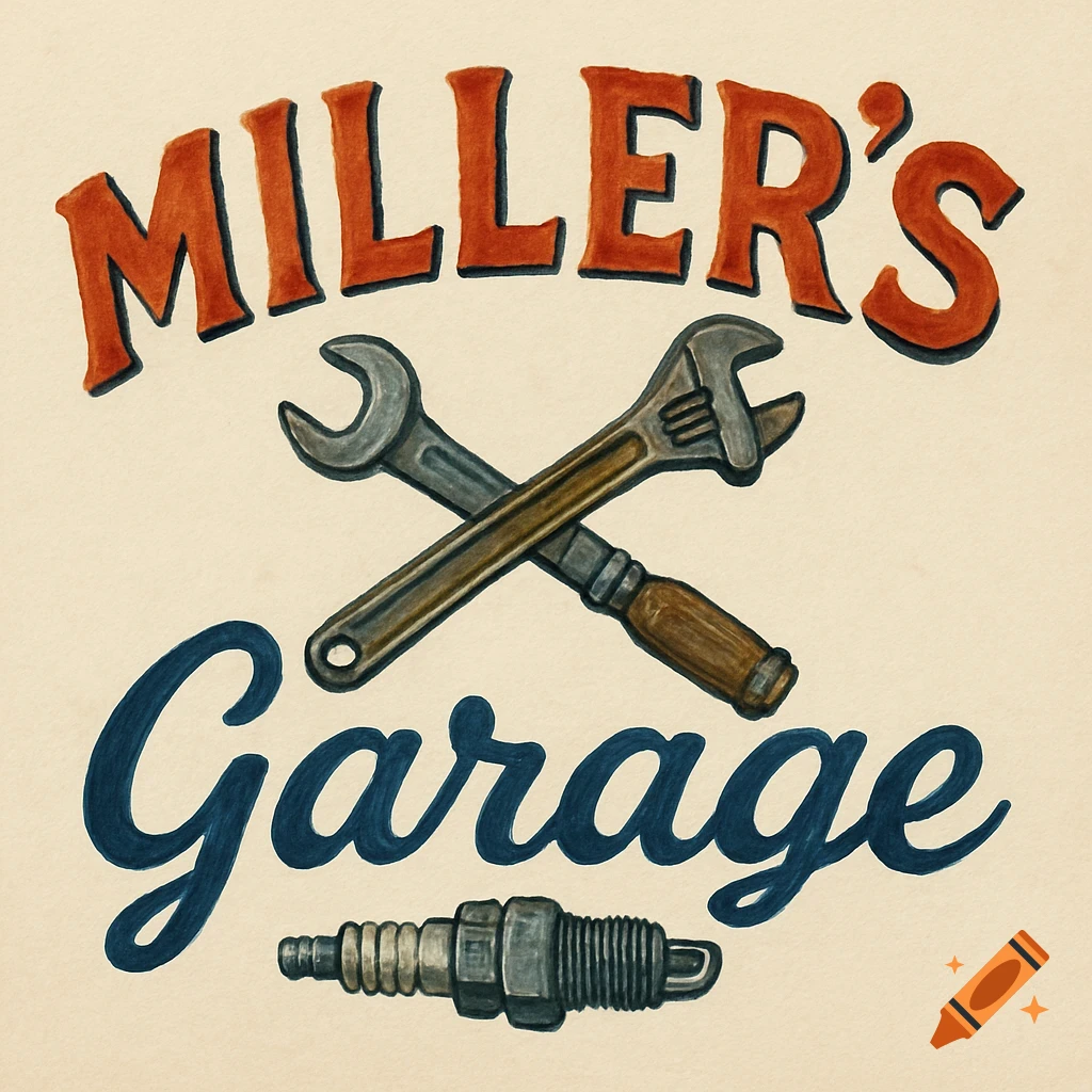 Hand painted logo for Miller's Garage with crossed wrenches and a spark plug