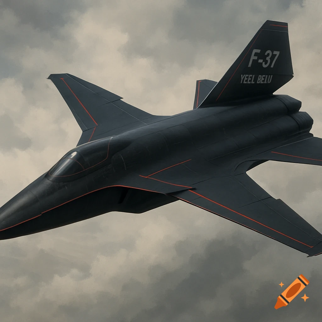 Dark stealth fighter jet with red lines flying through cloudy sky.