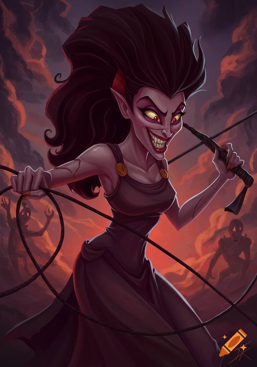 Stylized villainous female character with sharp teeth and glowing eyes holding whips against a dark, fiery background.