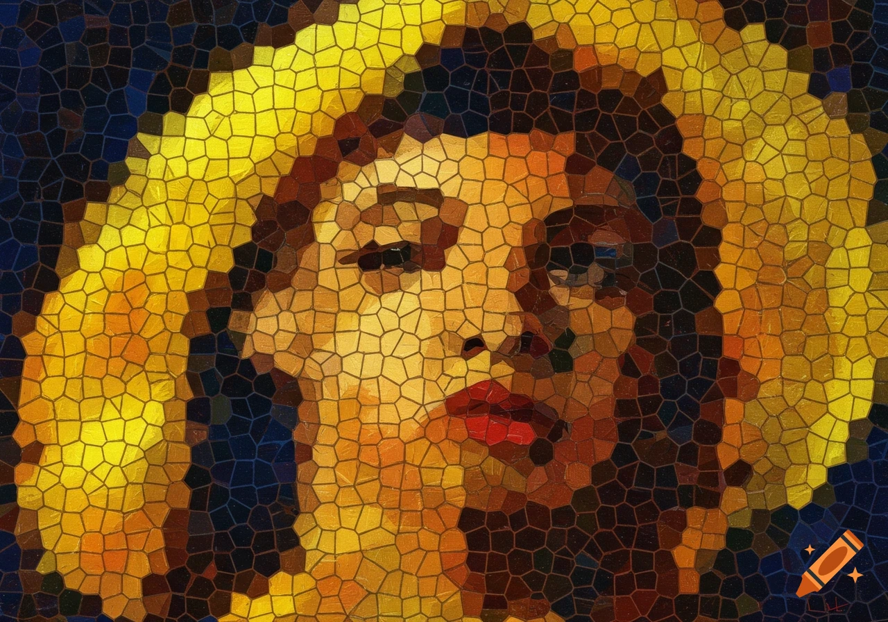 Mosaic portrait of a woman's face with yellow, red, blue, and black shapes.