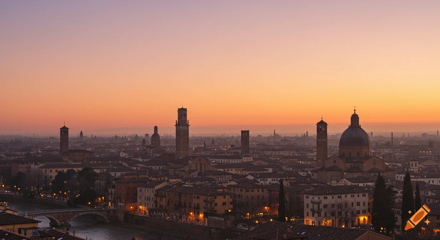 City skyline at sunrise with towers and domes silhouetted against an orange and pink sky.