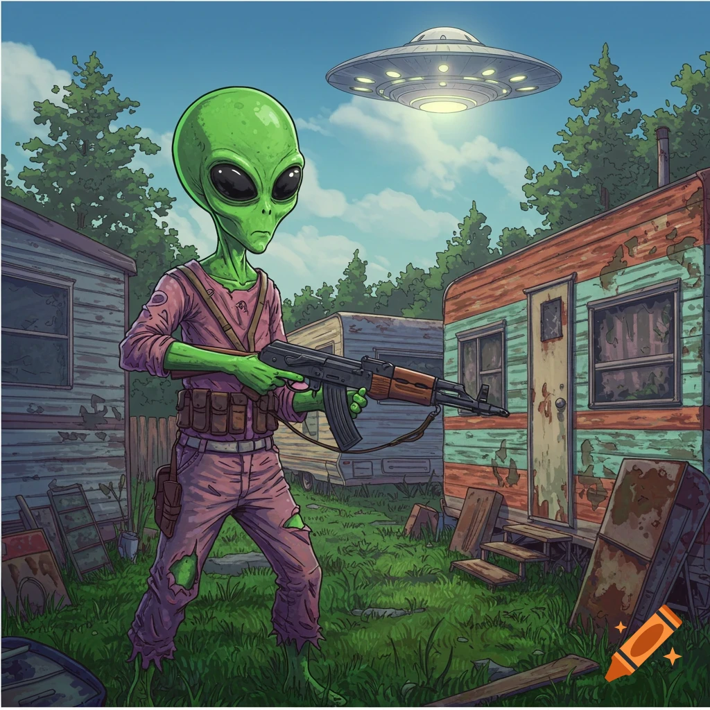 Cartoon illustration of a green alien holding an AK-47 in a trailer park with a UFO overhead.
