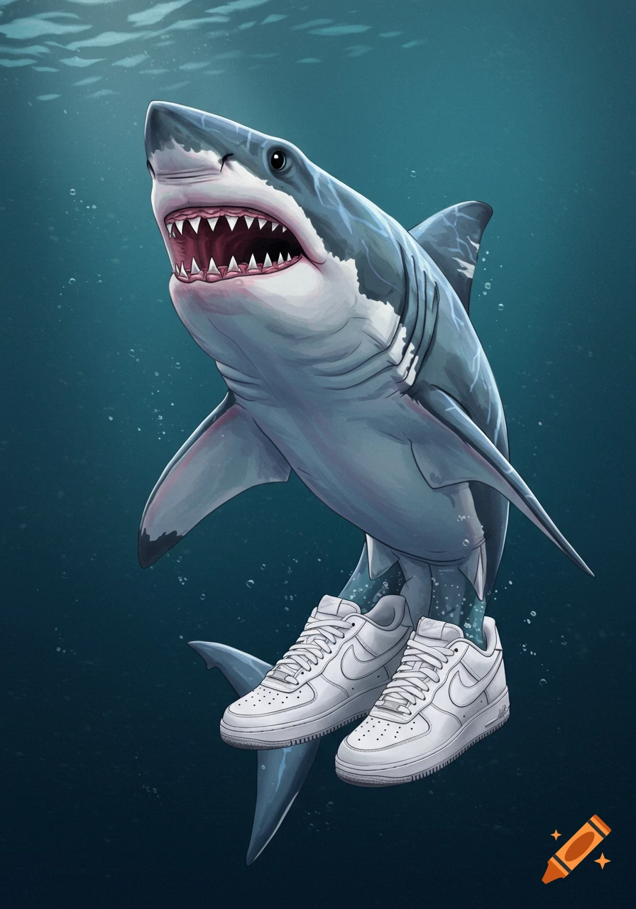 Illustration of a great white shark wearing white sneakers underwater