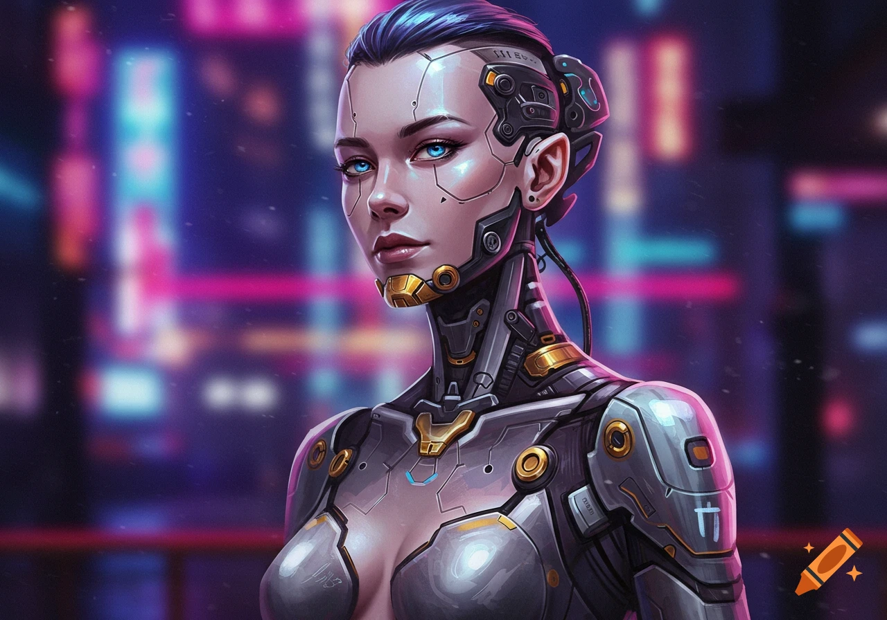 A futuristic female cyborg with blue eyes and metallic armor against a blurred neon city background, digital art.