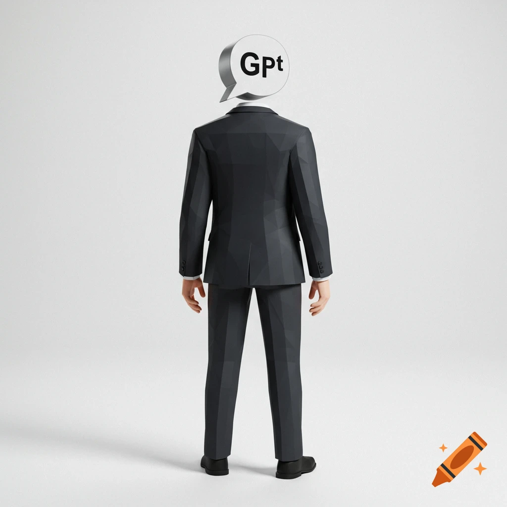 Low-poly 3D render of figure in suit with 'Gpt' speech bubble head, back turned.