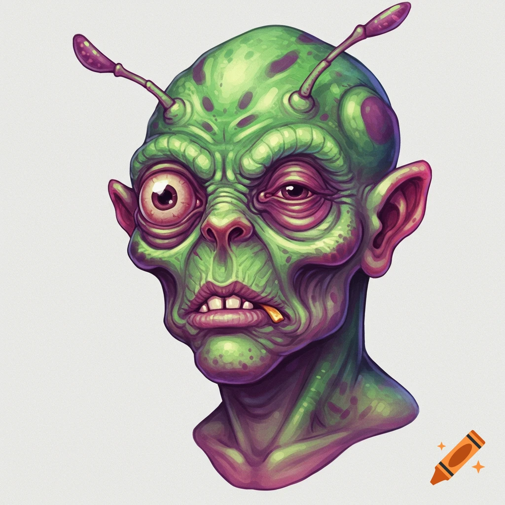 Illustration of a green alien head with bug eyes and wonky teeth.