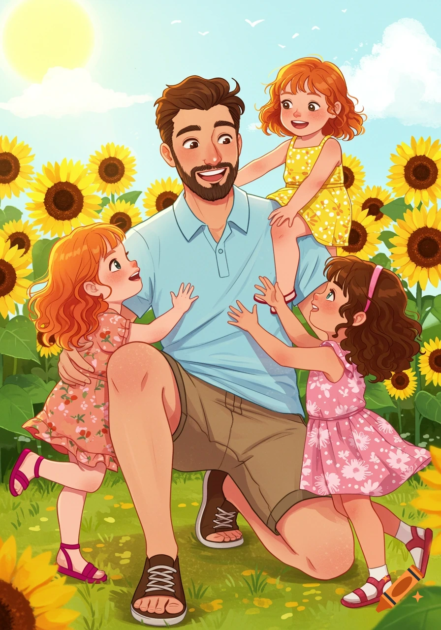 Illustration of a father with three daughters playing in a field of tall sunflowers on a sunny day.