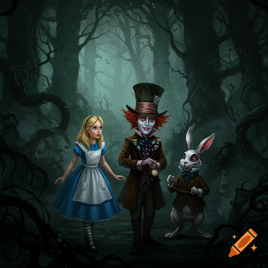 Alice, Mad Hatter, and White Rabbit stand in a dark, stylized forest.