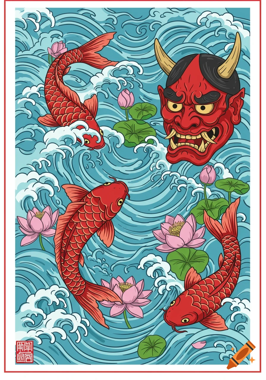 Japanese illustration with red koi fish, pink lotus flowers, blue waves, and a red demon mask.