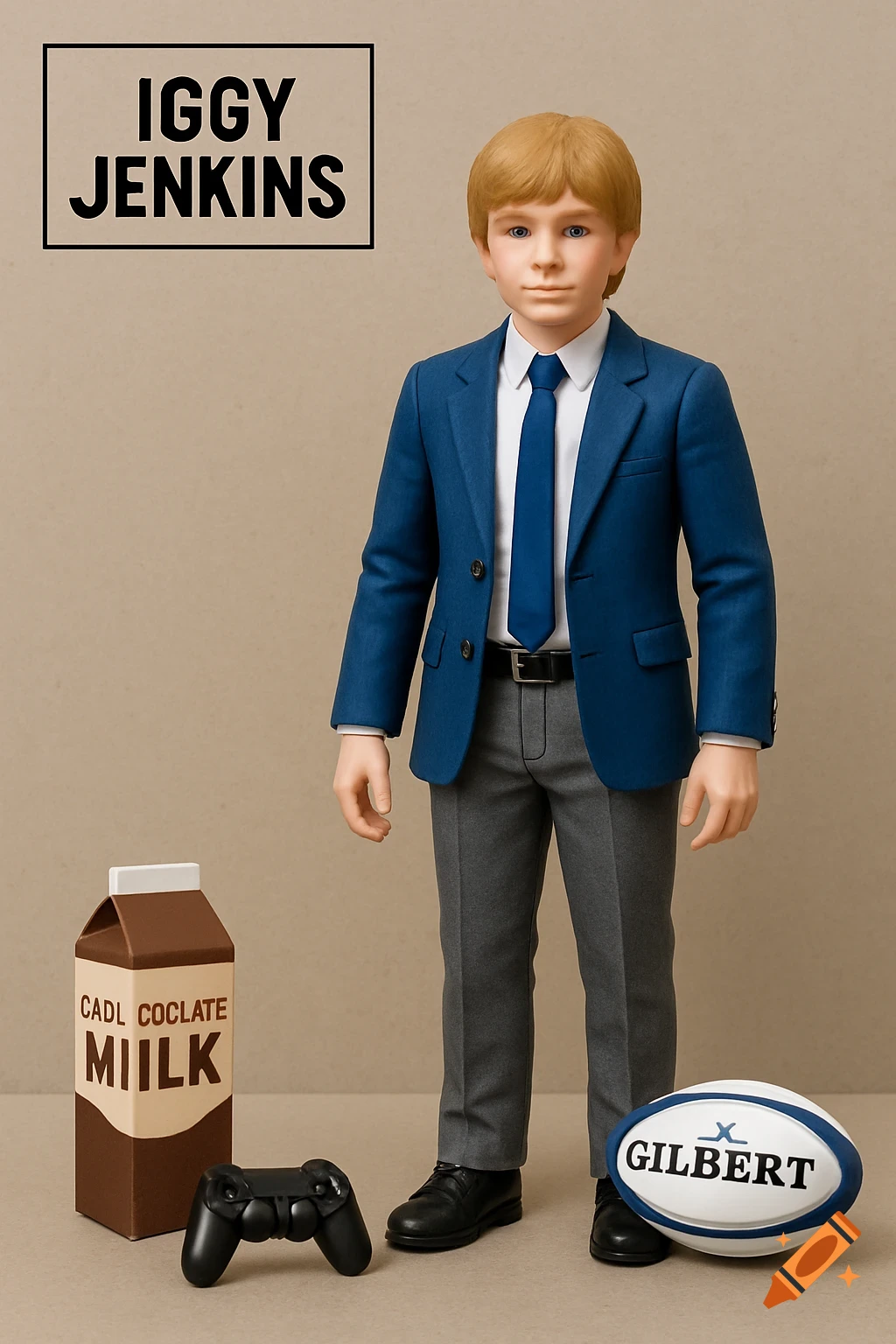 Photorealistic action figure of a boy in suit with a milk carton, rugby ball, and game controller.