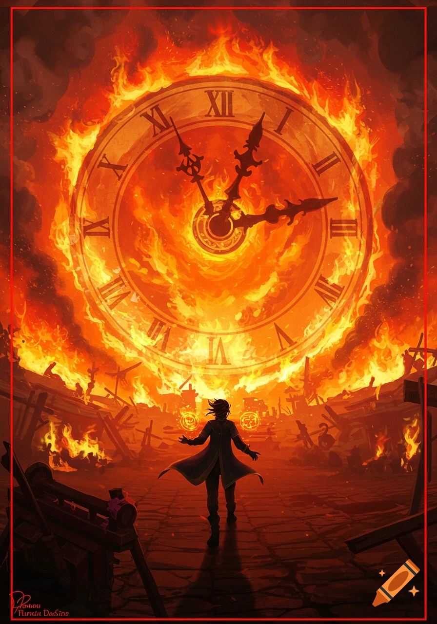 Silhouette of a figure facing a giant clock engulfed in flames in a ruined city.