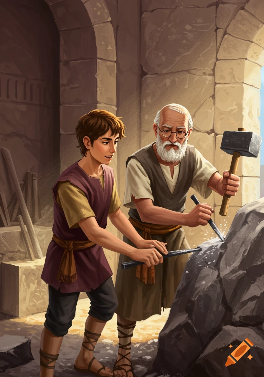 An old man teaches a young man stonework in ancient times.