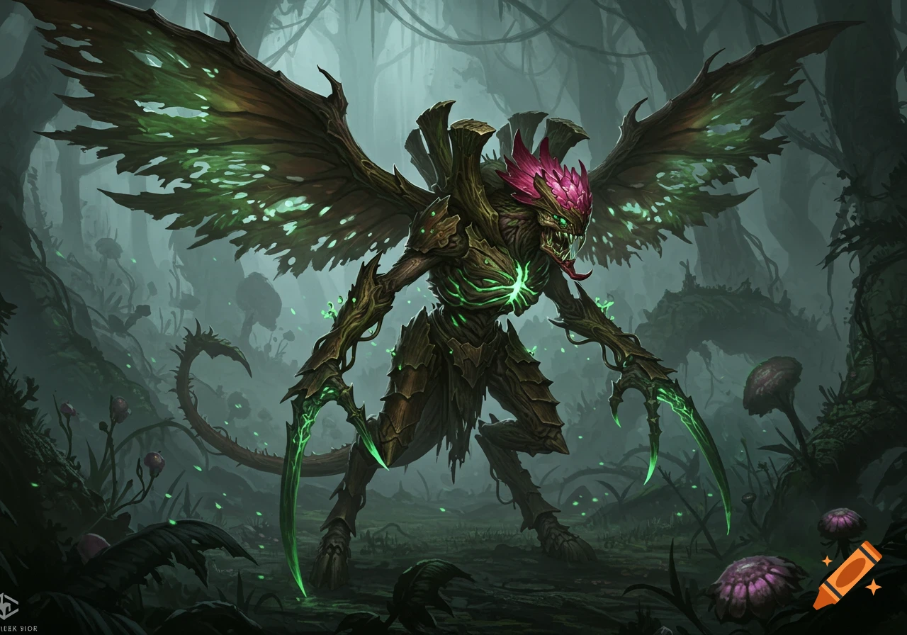 A large, winged insectoid creature with glowing green parts and purple head armor stands in a dark jungle. Concept art.