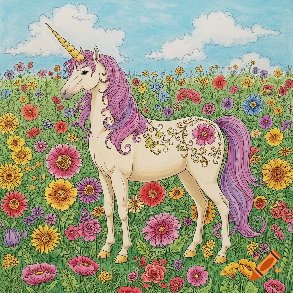 Coloring book style illustration of a unicorn standing in a field of colorful flowers.