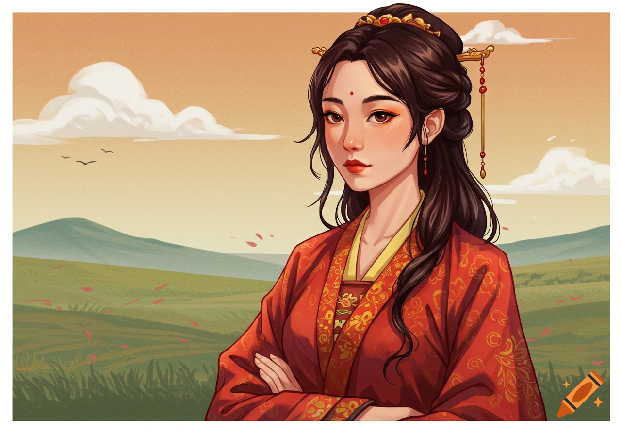 Illustrative portrait of a woman in traditional Chinese clothing in a landscape.