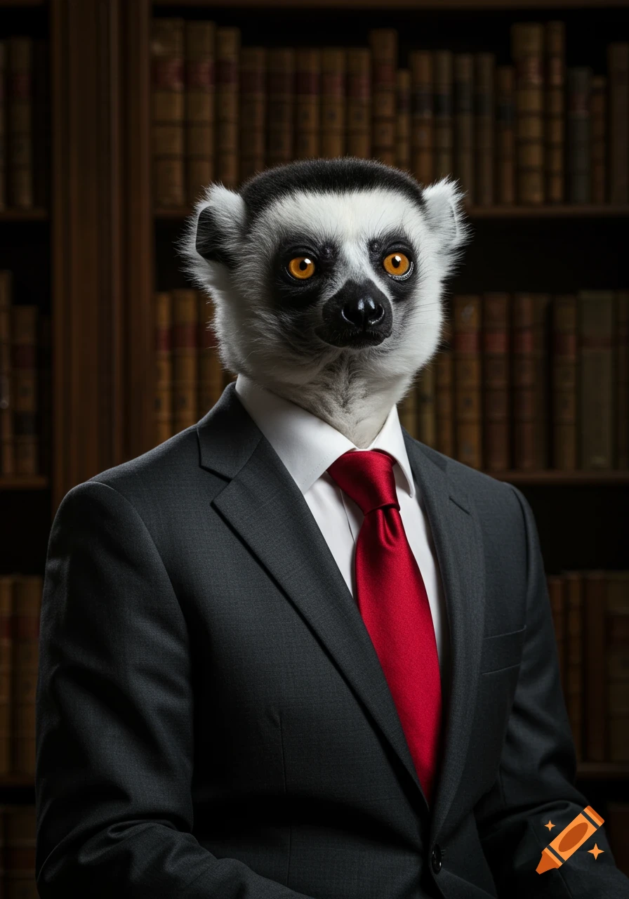 Photorealistic portrait of a ring-tailed lemur wearing a dark suit and red tie, standing in front of a bookshelf.