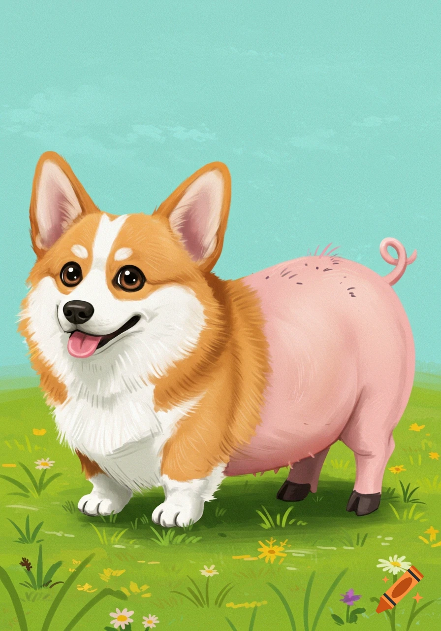 A cartoon illustration of a creature that is half corgi and half pig standing in a grassy field.