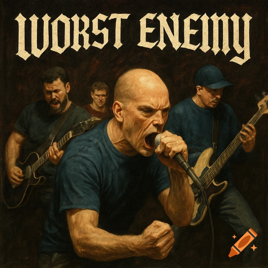 Illustration of a hardcore band performing. A bald singer yells into a mic while a guitarist and bass player play behind him.