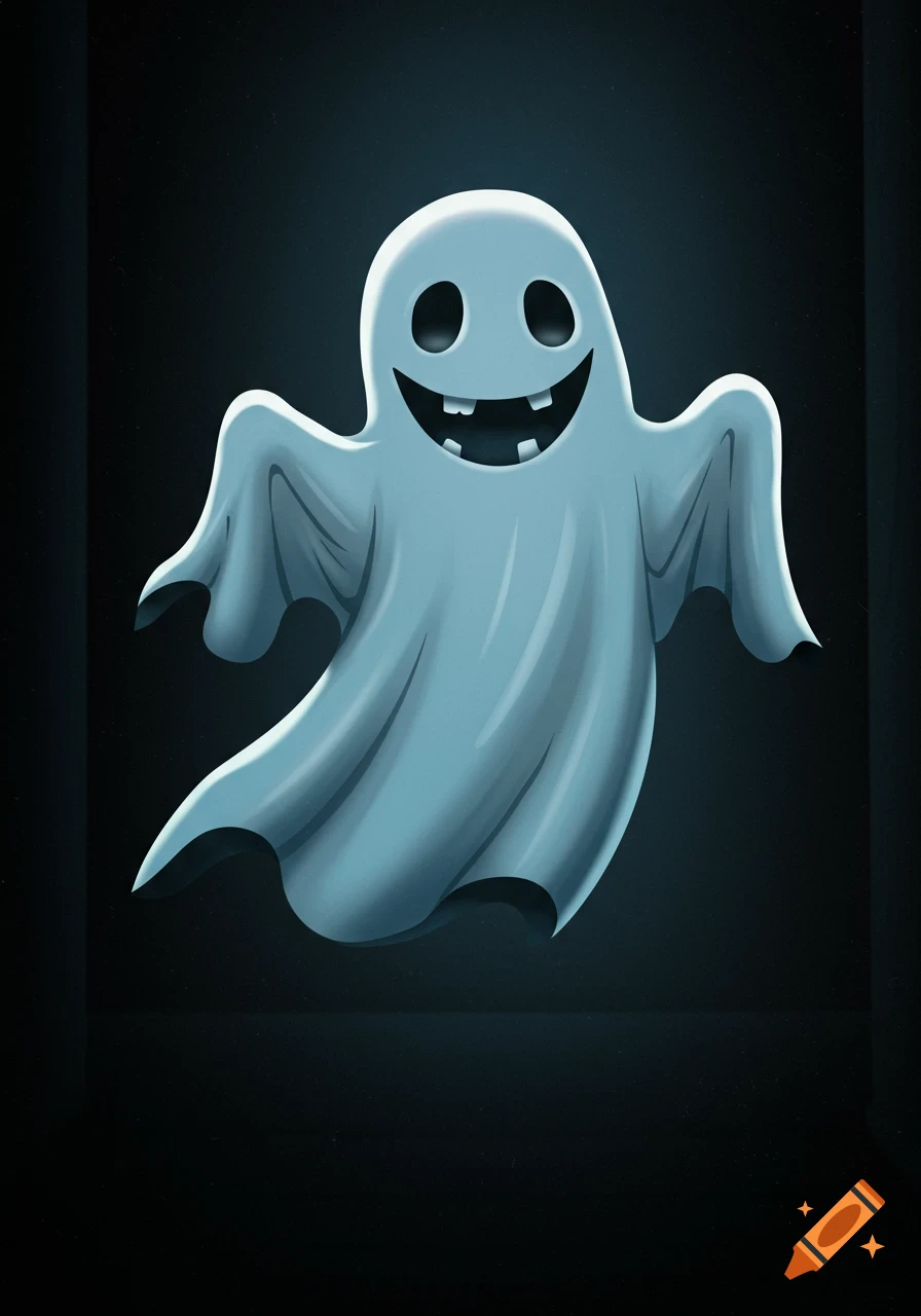 A spooky, cartoony white ghost floats in the dark.