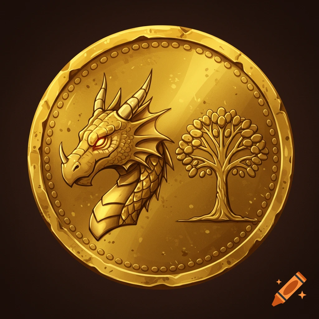 A golden fantasy coin featuring a dragon head and a tree.