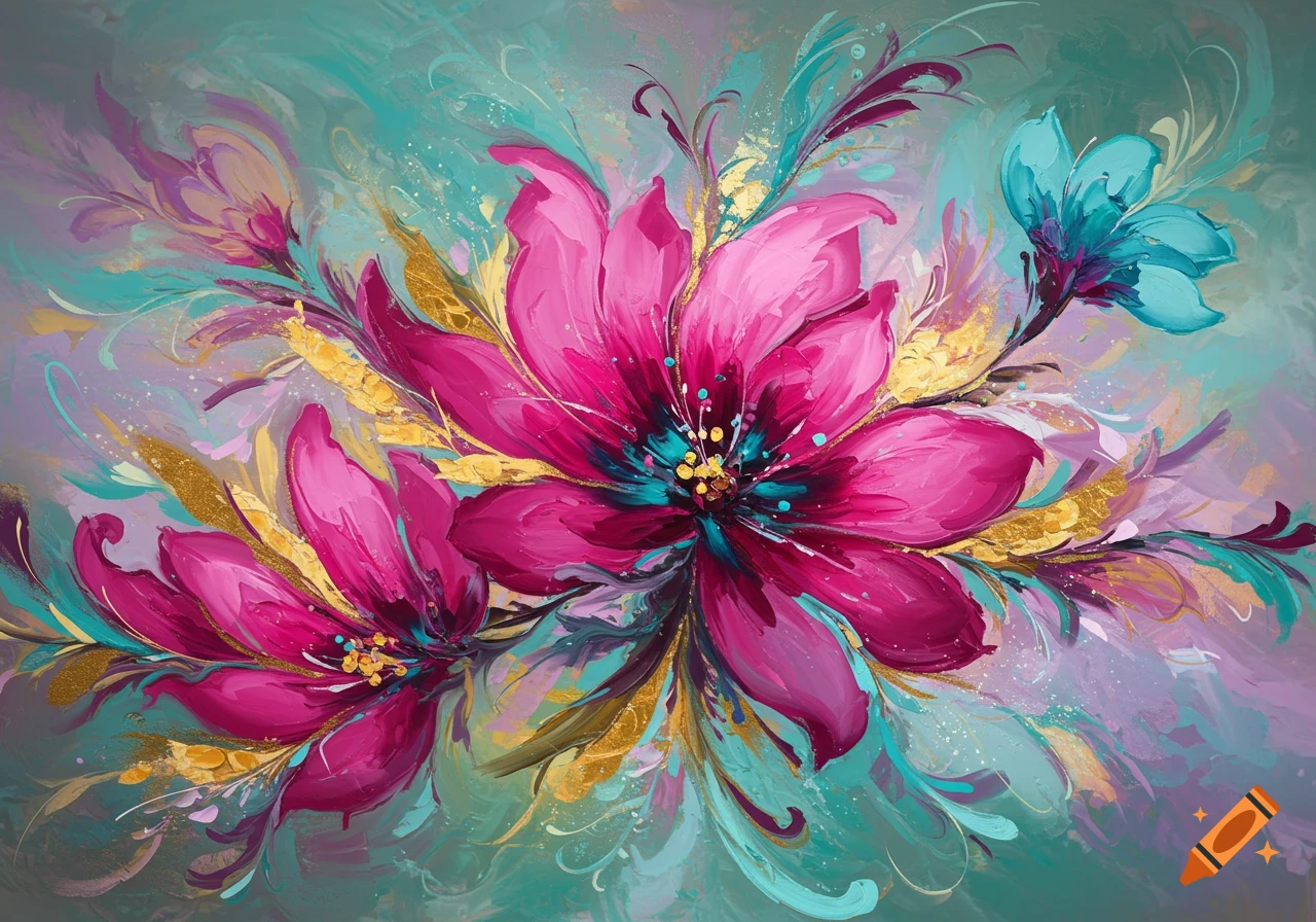 Abstract painting of vibrant pink and blue flowers with gold and teal ...