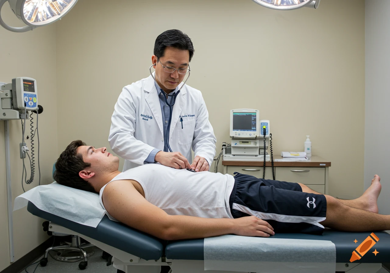 A doctor examines a patient lying on an exam table