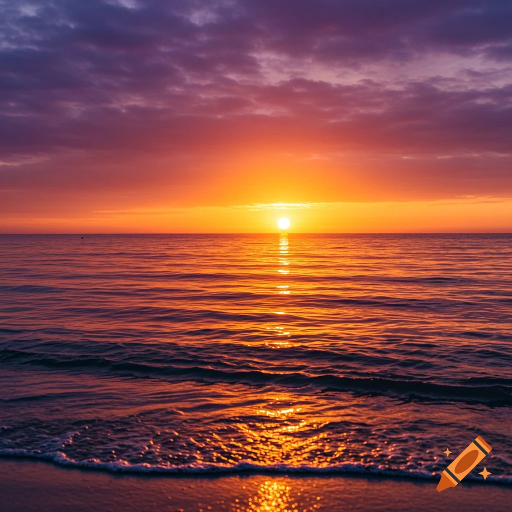 A vibrant sunrise over the ocean with waves gently reaching the shore.
