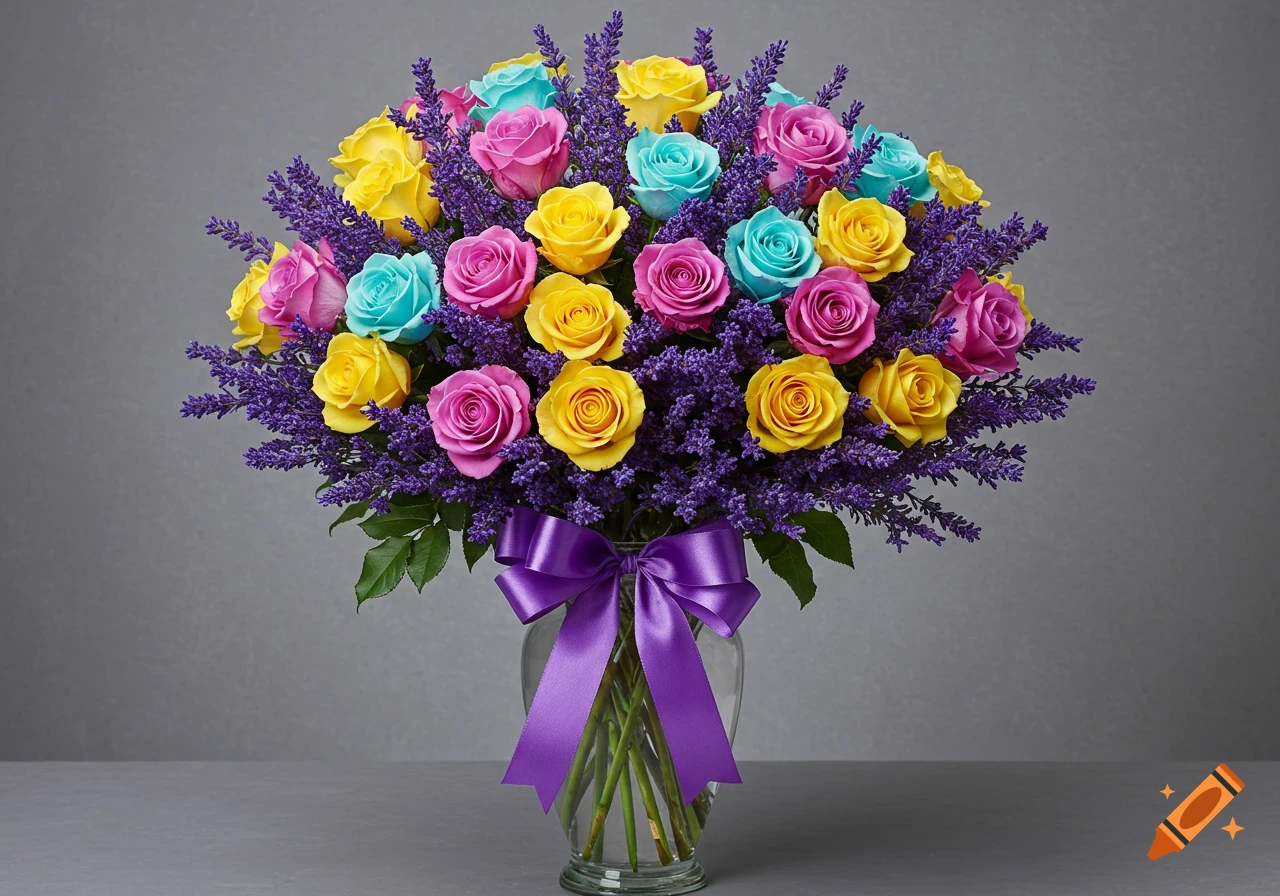 A large bouquet of colorful roses and lavender in a clear glass vase with a purple bow.