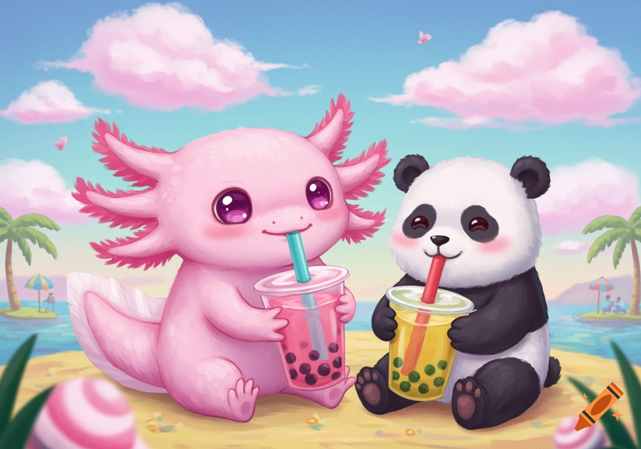 A cute pink axolotl and a cute panda drink boba tea on a sunny beach in a drawing style.