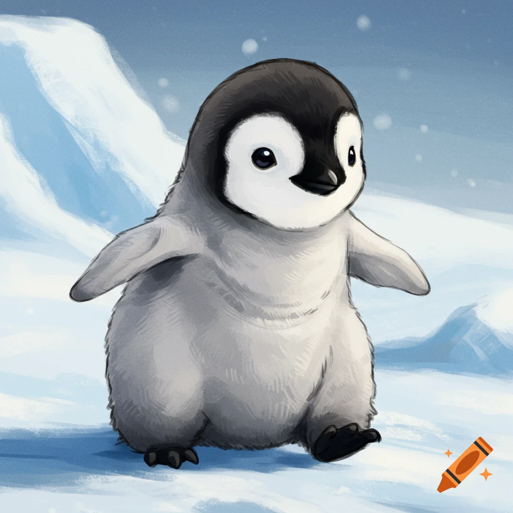 A cute baby penguin stands in the snow. Illustration style.