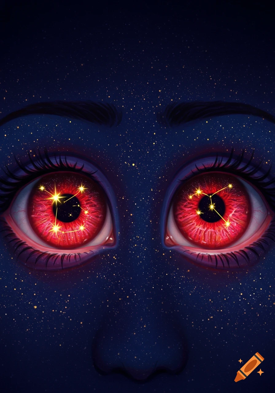 Close-up of starry, dark blue skin and two large eyes with bright red irises and yellow constellations in the pupils.