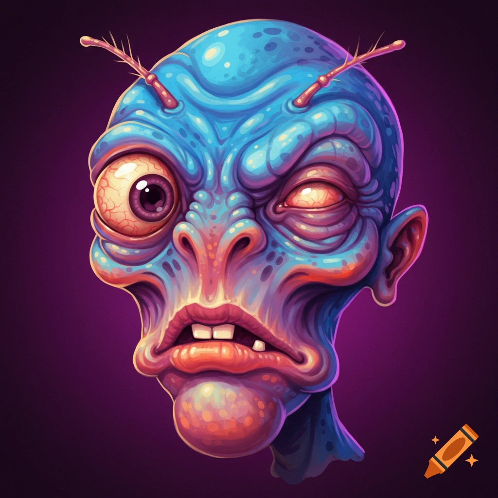 A close-up illustration of a grotesque blue alien face with multiple eyes and wonky teeth.