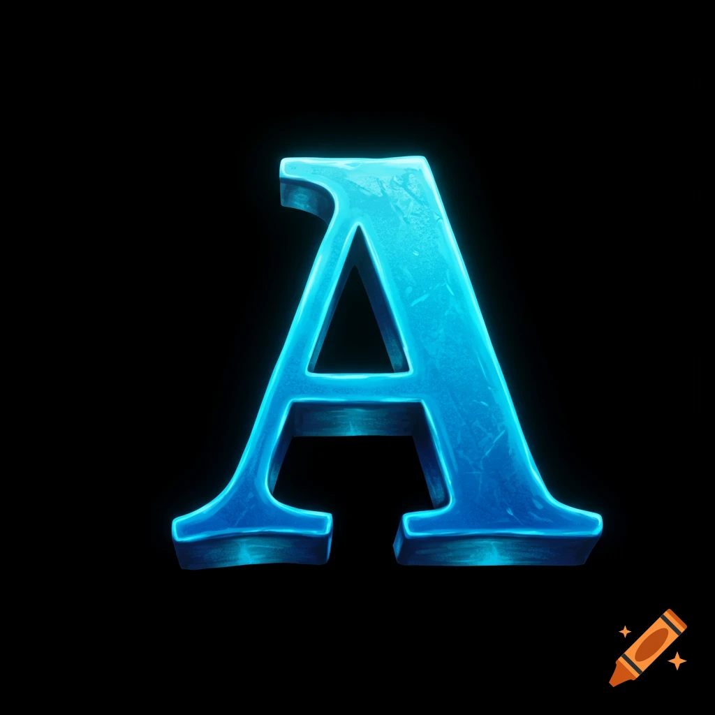 A glowing blue ice capital letter A on a black background.