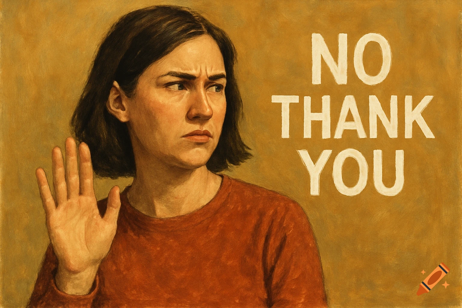 Woman holding up hand with stern face, text 'NO THANK YOU' next to her, painted style.