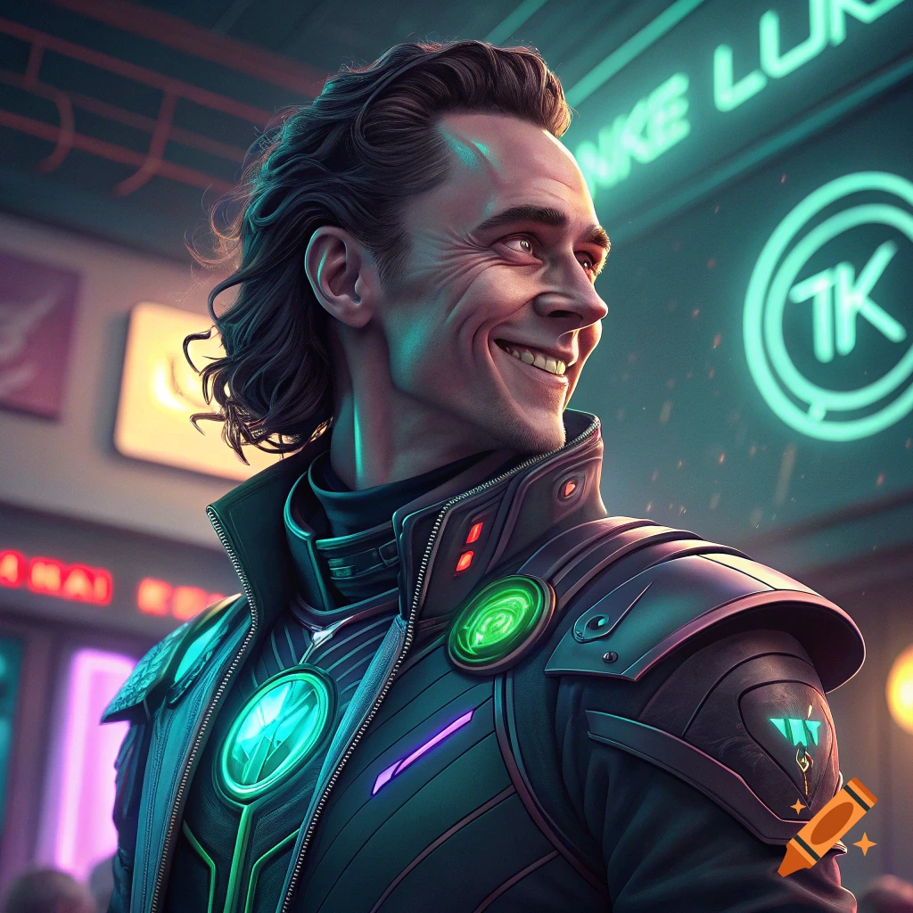 Tom Hiddleston as Loki in a cyberpunk suit smiling, with neon lights in the background.
