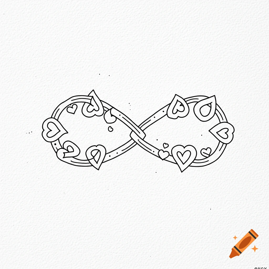 Line drawing of an infinity symbol decorated with hearts.