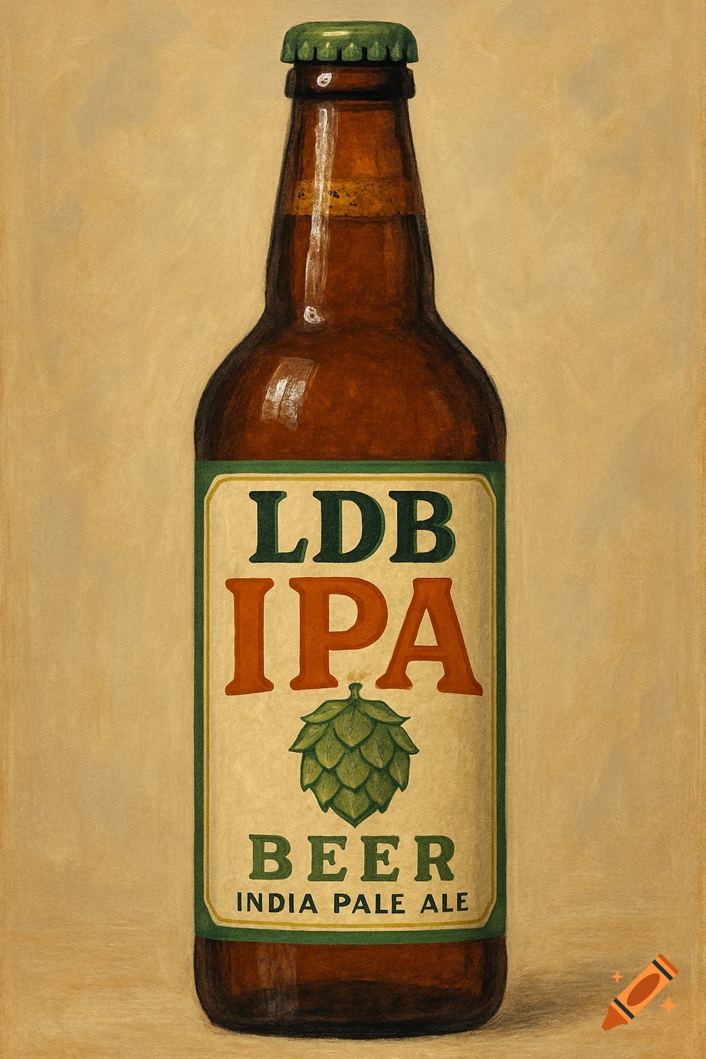 Illustration of a beer bottle with a green cap and a label reading LDB IPA BEER INDIA PALE ALE