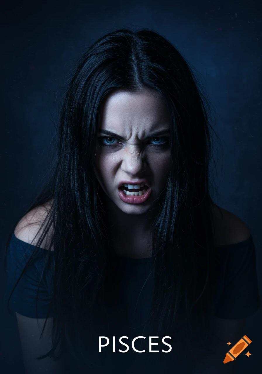 Angry woman with black hair and blue eyes representing the Pisces zodiac sign, text 'PISCES' below