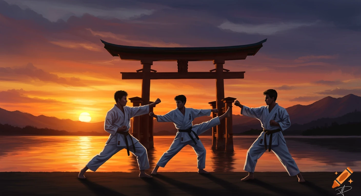 Three men doing karate at sunset in front of a torii gate by a lake. Painterly style.