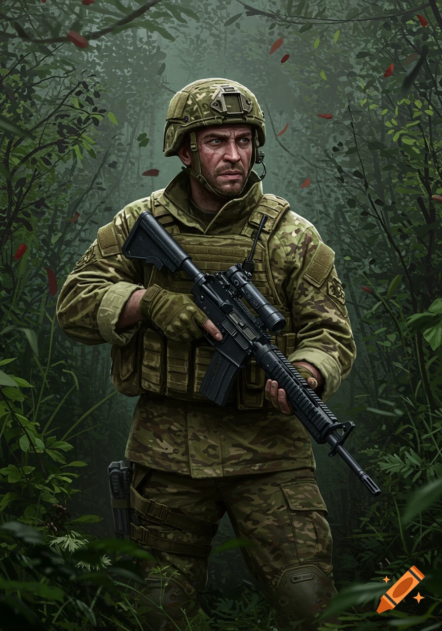 A soldier in camouflage stands in a jungle holding a rifle.