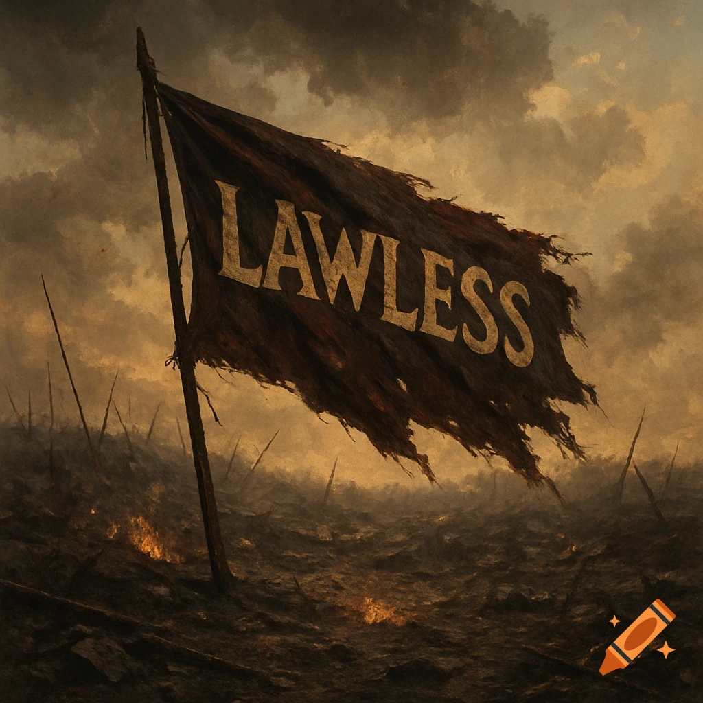 A tattered flag with 'LAWLESS' written on it stands in a desolate battlefield.