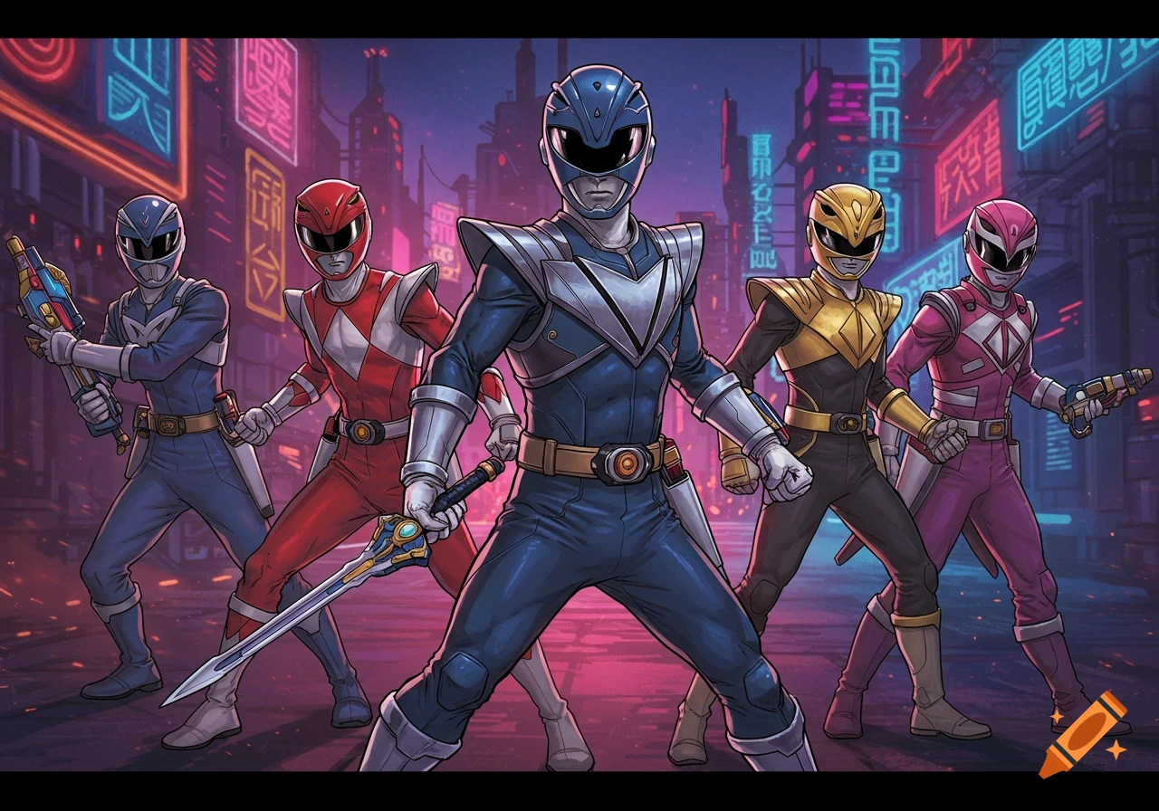 Five Power Rangers stand in a cyber city street at night, carrying weapons.