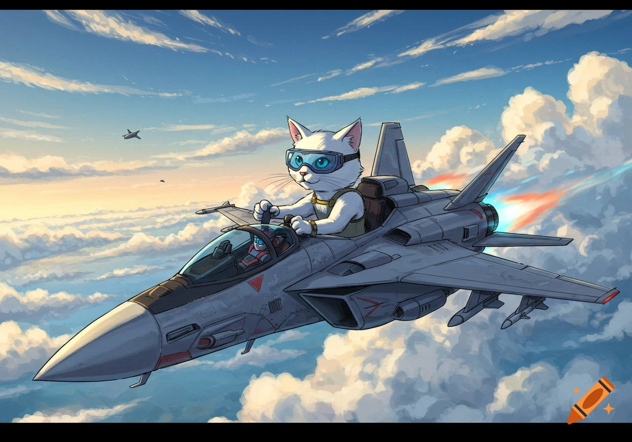 Cartoon illustration of a white cat wearing goggles piloting a jet airplane through clouds.