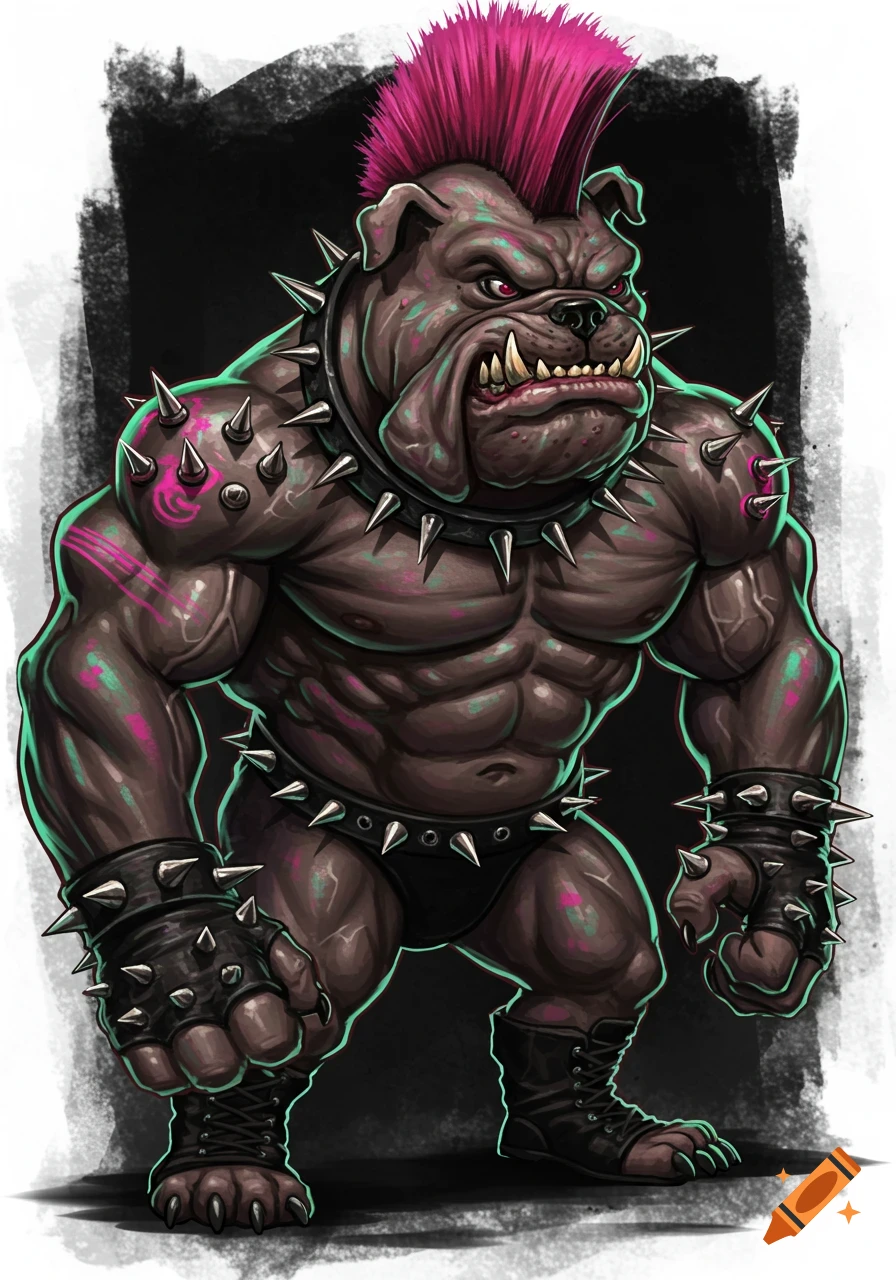 Stylized illustration of a muscular punk bulldog with a pink mohawk and spikes.