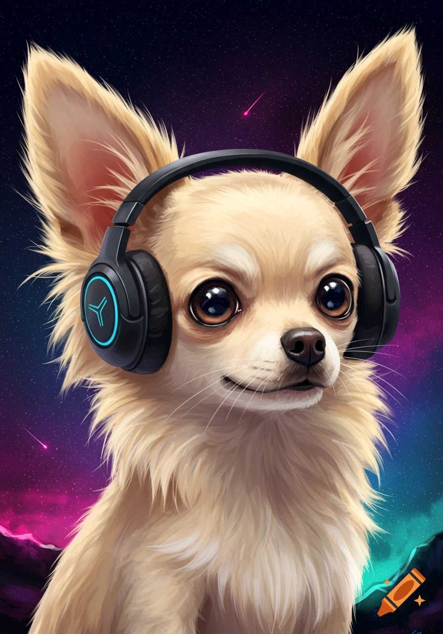 A long-haired chihuahua dog wearing black headphones against a starry space background.