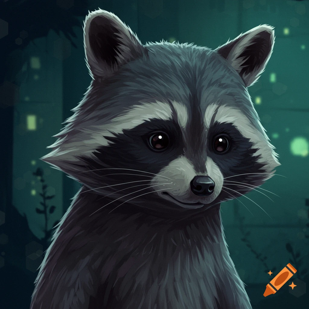 A cartoon raccoon illustration in a dark green background, inspired by the game Night in the Woods style.