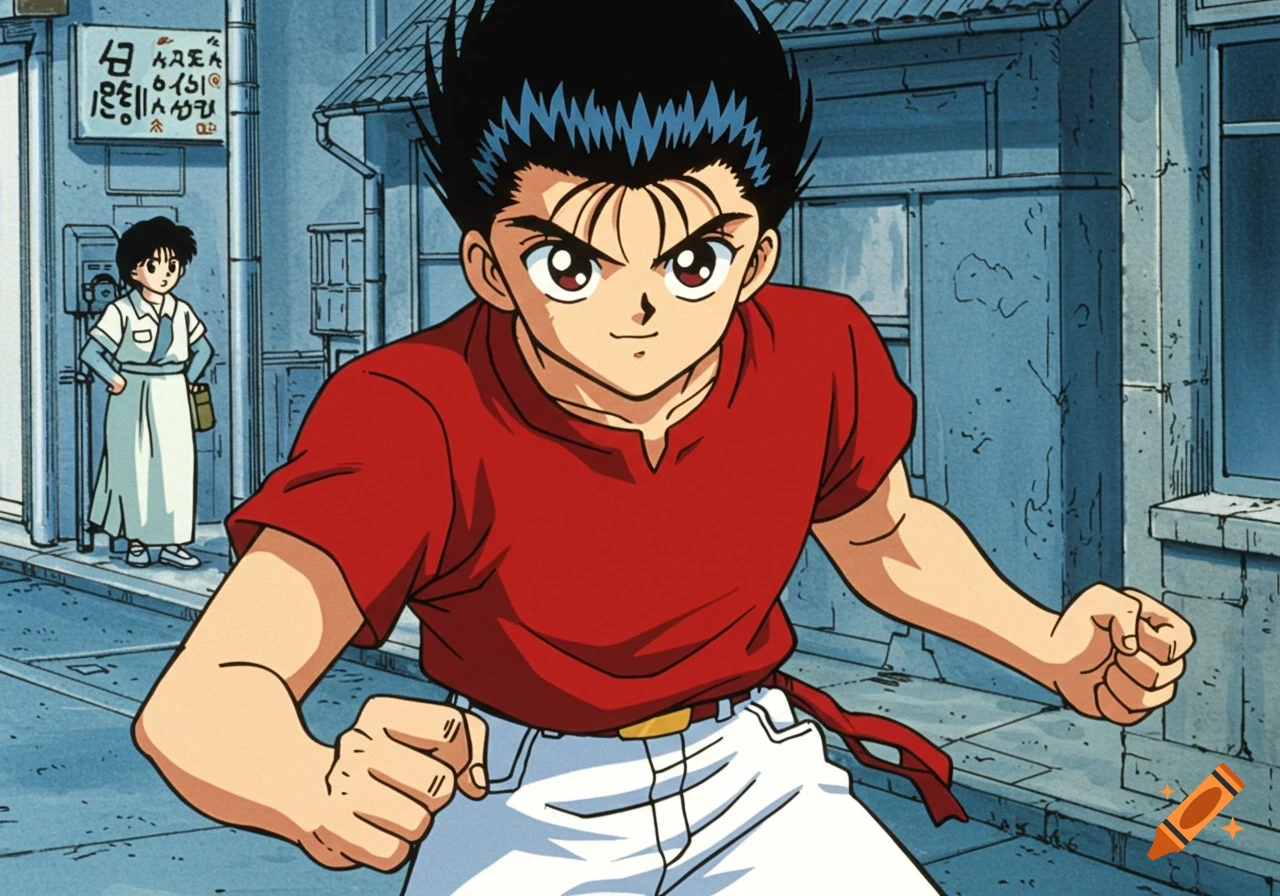 Male anime character in red shirt standing ready on a street