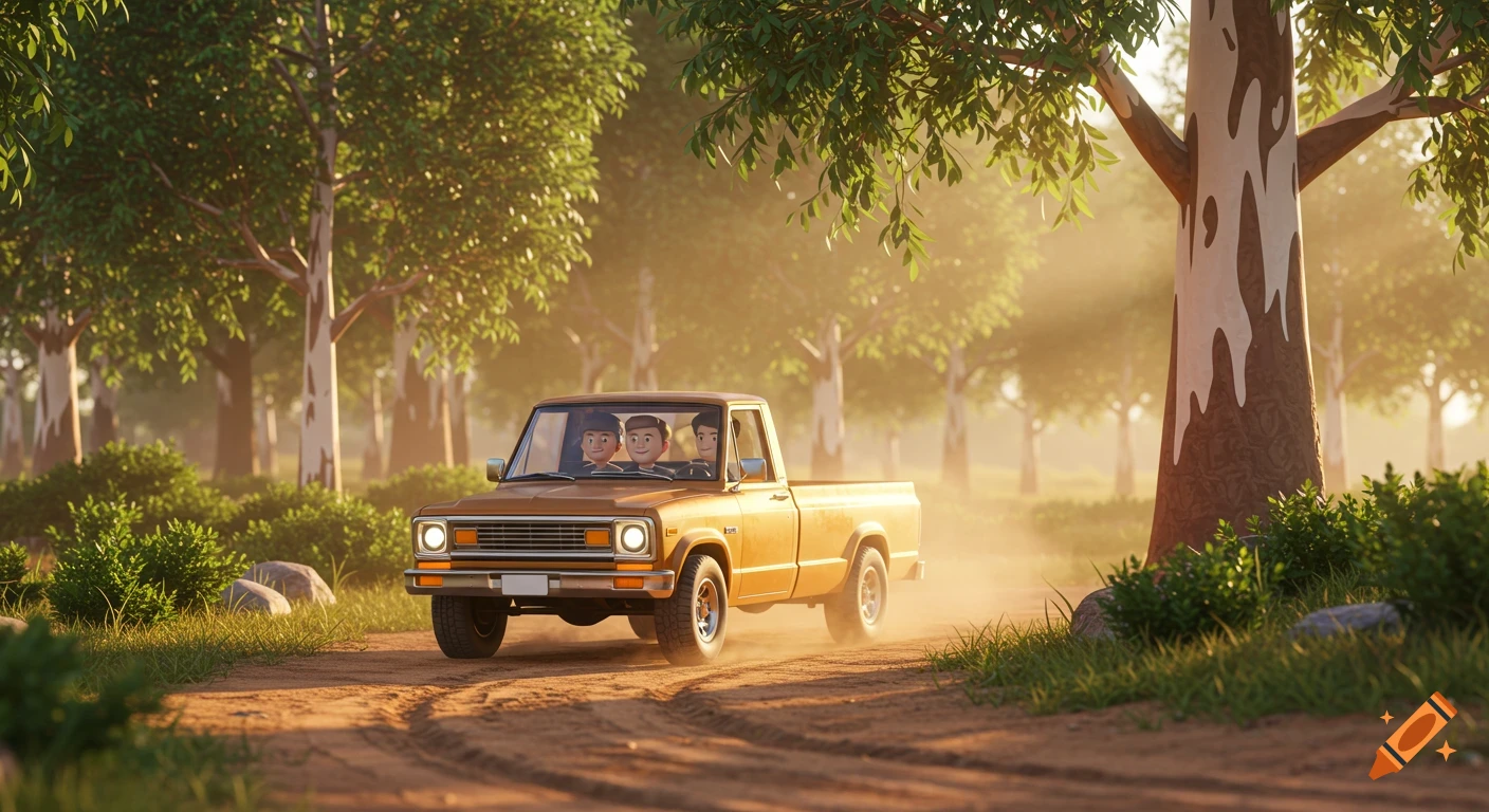 Cartoon style 3D render of a pickup truck with people driving on a dirt road through a sunlit forest.