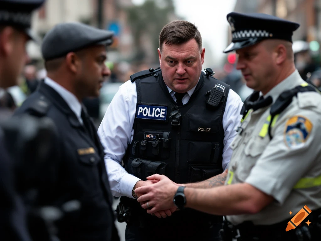 Three police officers stand together and talk